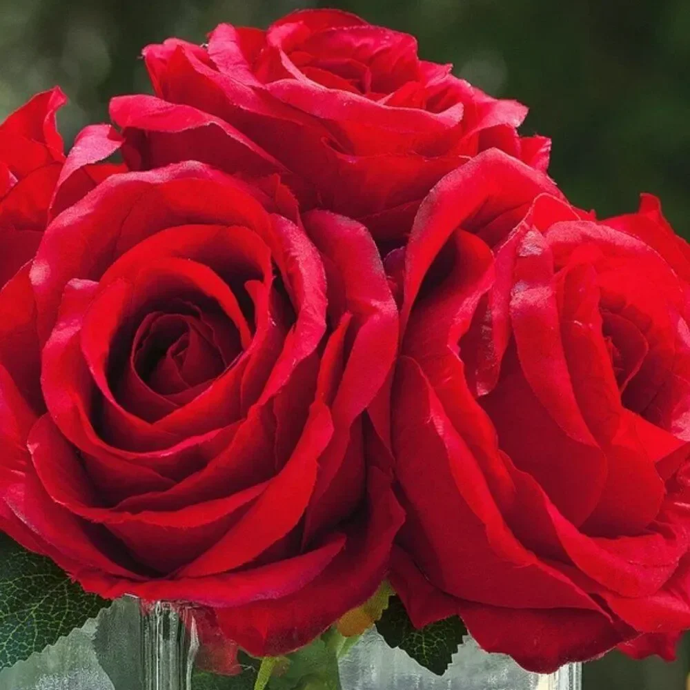 Red Silk Rose‎ Artificial Floral Arrangement in Square Glass Vase Cube Decor
